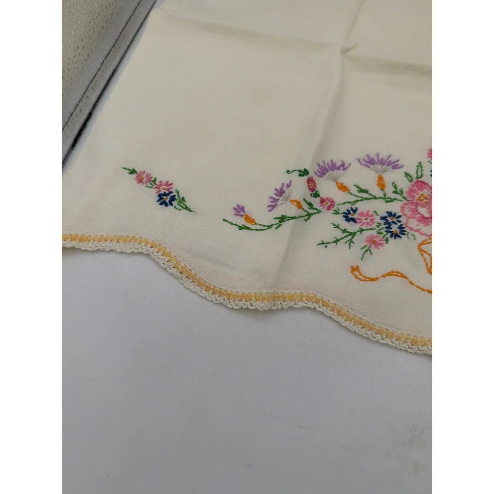 Vintage Hand Embroidered Floral Linen Pillowcase Scalloped Crochet Lace Cream